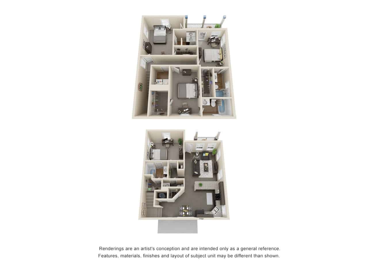 A 3D image of the 4 Bedroom 4.5 Bathroom floorplan, a 2196 squarefoot, 4 bed / 4.5 bath unit