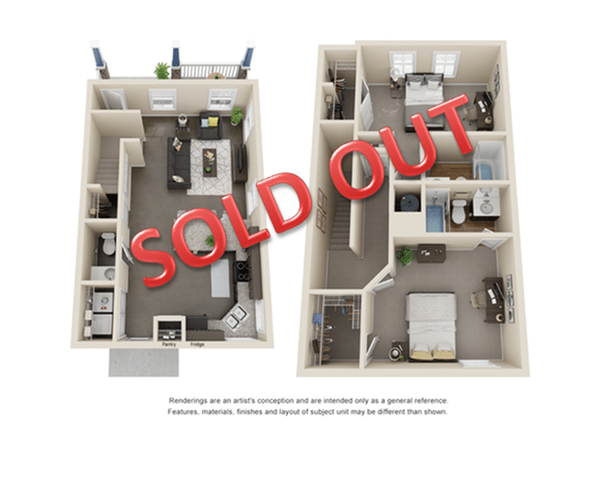A 3D image of the 2 Bedroom 2.5 Bathroom Duplex floorplan, a 1368 squarefoot, 2 bed / 2.5 bath unit