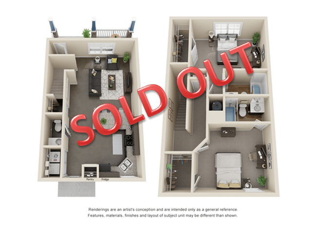 A 3D image of the 2 Bedroom 2.5 Bathroom Row floorplan, a 1446 squarefoot, 2 bed / 2.5 bath unit
