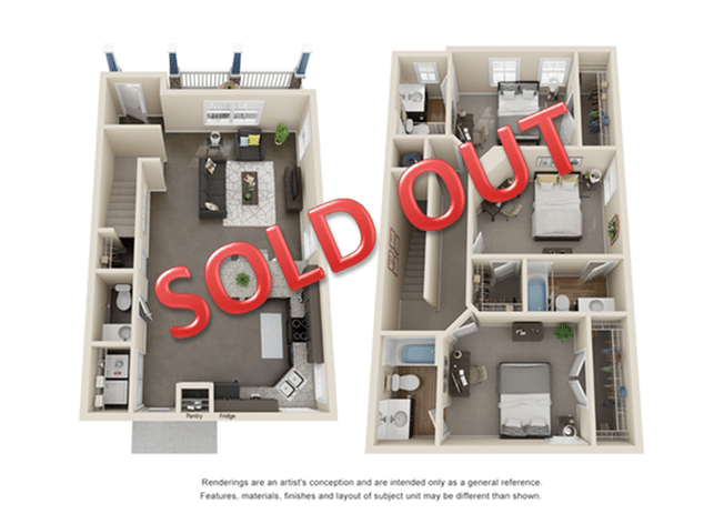 A 3D image of the 3 Bedroom 3.5 Bathroom Row floorplan, a 1749 squarefoot, 3 bed / 3.5 bath unit