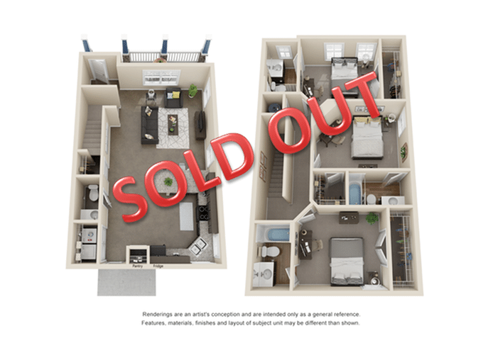 A 3D image of the 3 Bedroom 3.5 Bathroom Duplex floorplan, a 1719 squarefoot, 3 bed / 3.5 bath unit