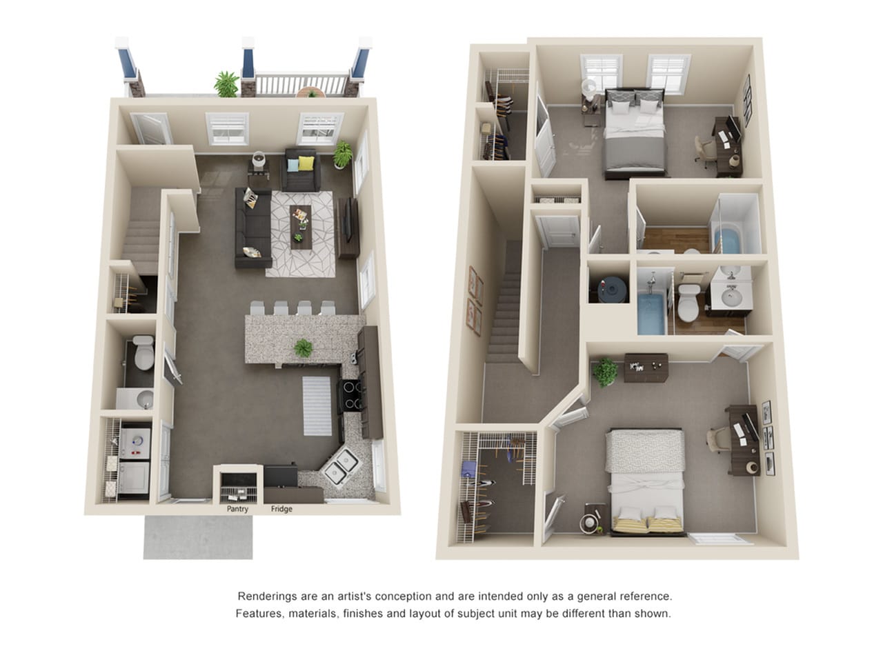 A 3D image of the 2 Bedroom 2.5 Bathroom Duplex floorplan, a 1368 squarefoot, 2 bed / 2.5 bath unit