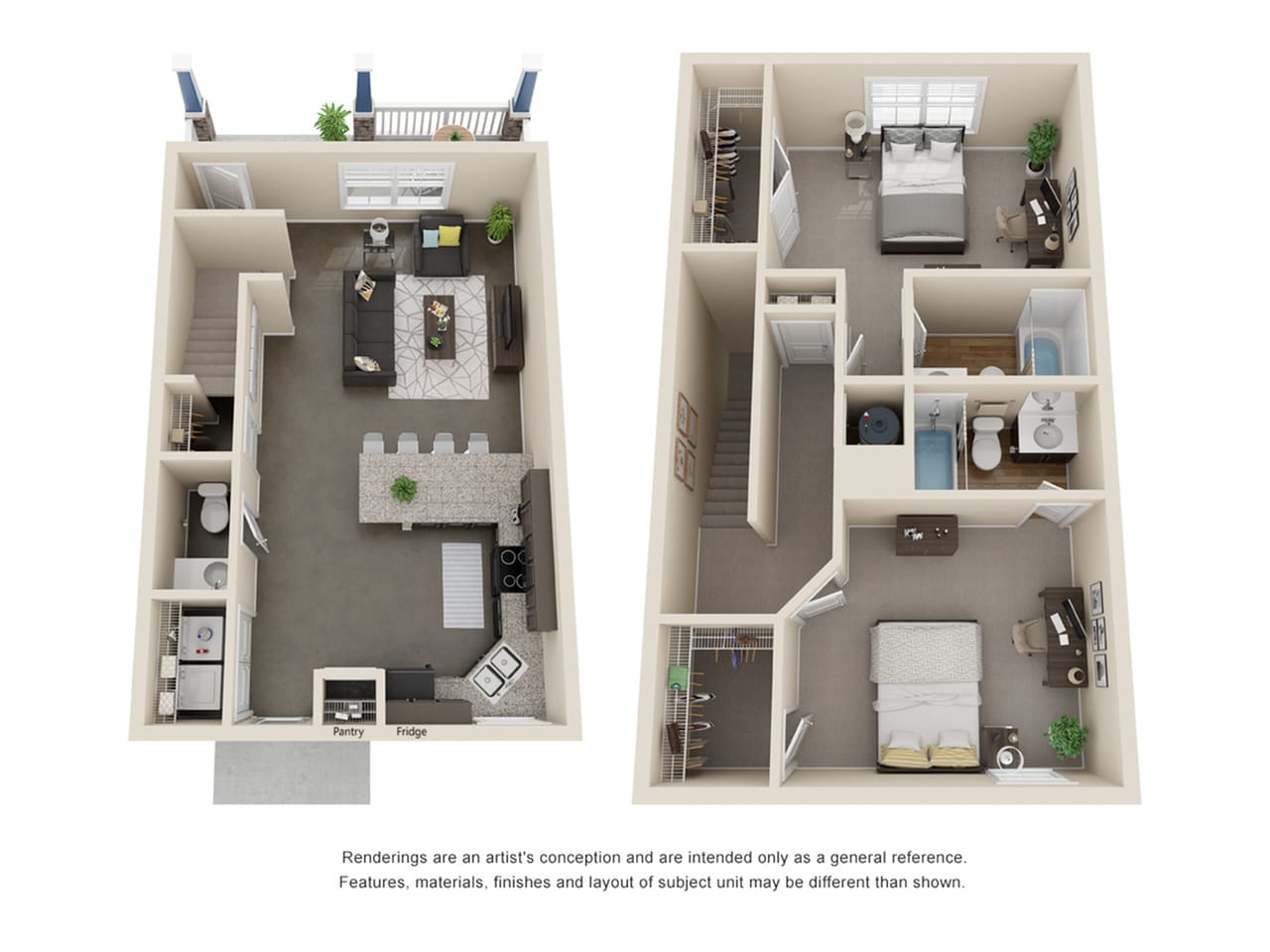 A 3D image of the 2 Bedroom 2.5 Bathroom Row floorplan, a 1446 squarefoot, 2 bed / 2.5 bath unit