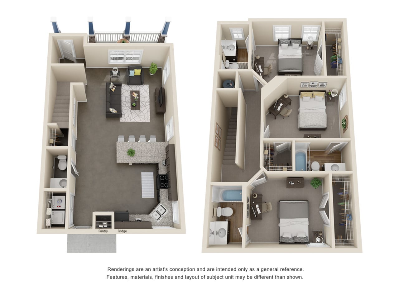 A 3D image of the 3 Bedroom 3.5 Bathroom Row floorplan, a 1749 squarefoot, 3 bed / 3.5 bath unit
