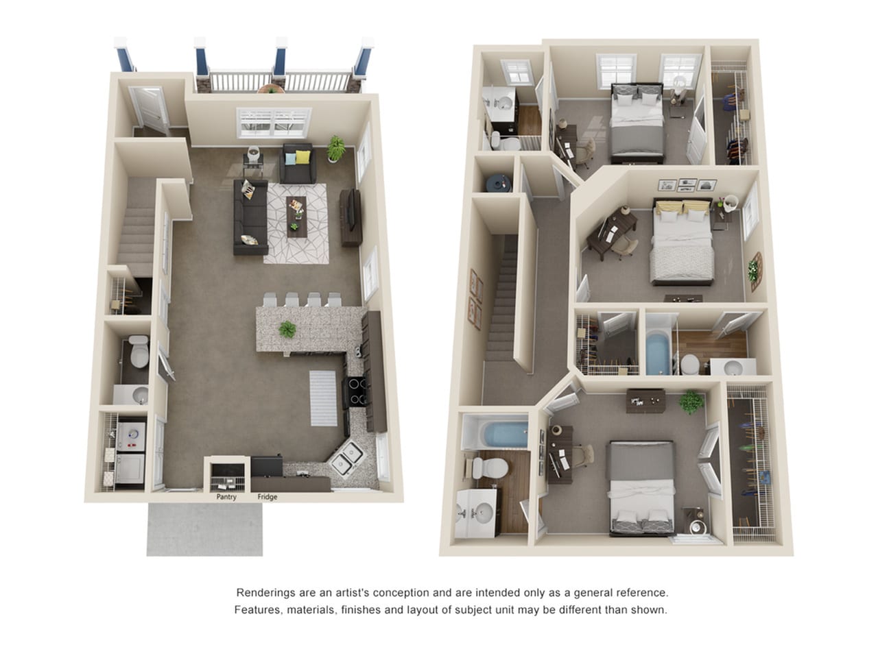 A 3D image of the 3 Bedroom 3.5 Bathroom Duplex floorplan, a 1719 squarefoot, 3 bed / 3.5 bath unit