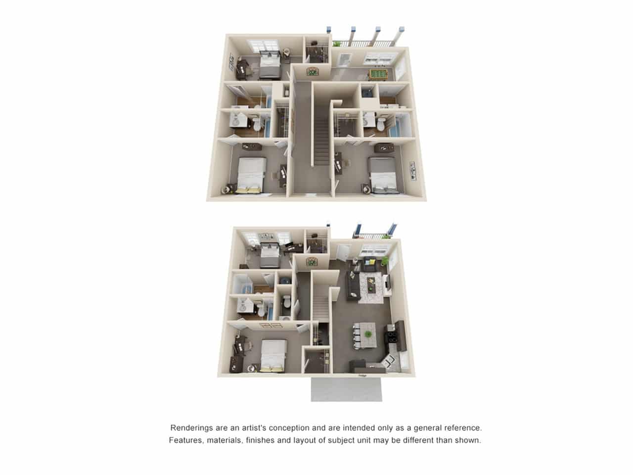 A 3D image of the 5 Bedroom 5.5 Bathroom floorplan, a 2560 squarefoot, 5 bed / 5.5 bath unit