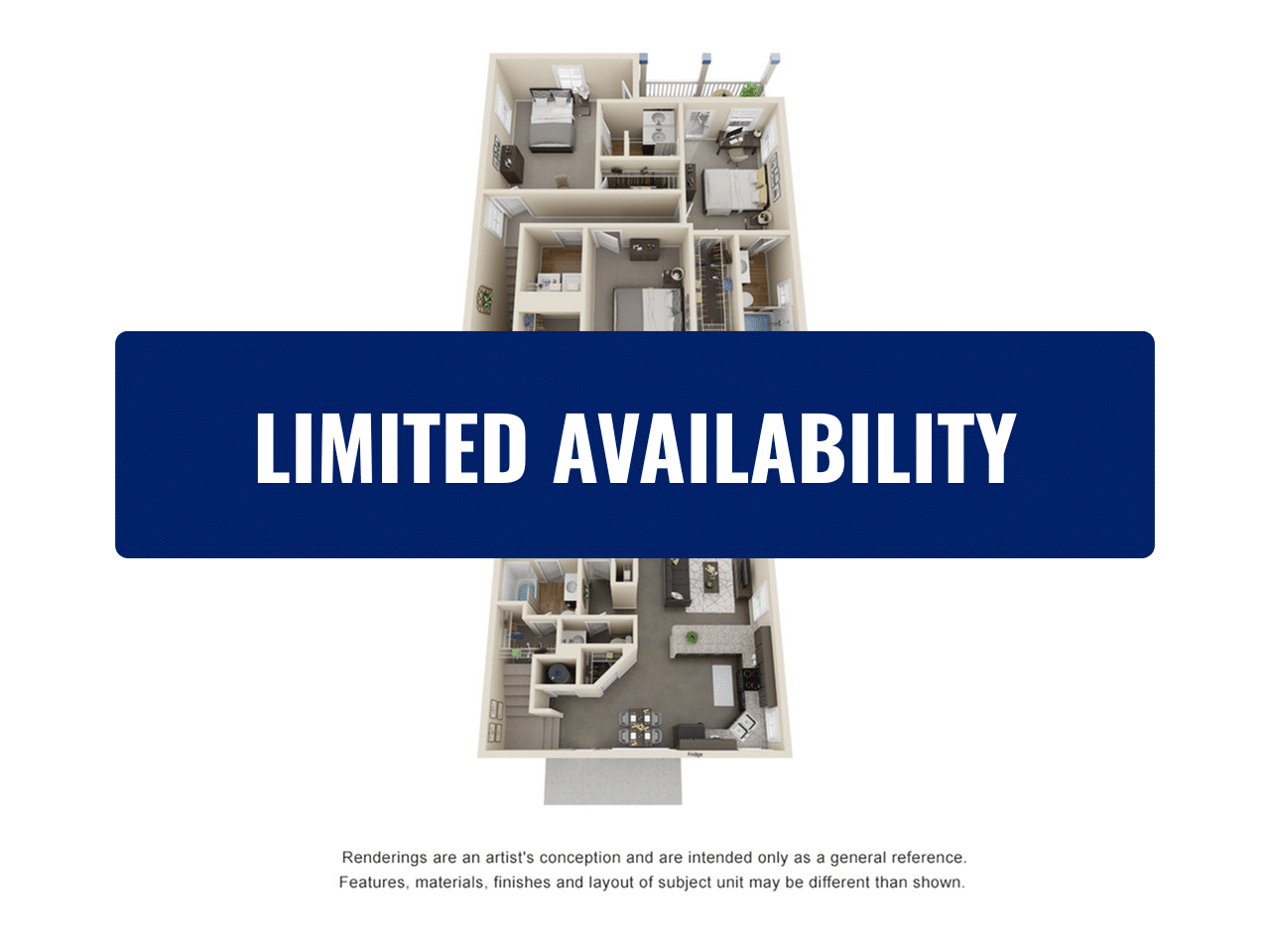 A 3D image of the 4 Bedroom 4.5 Bathroom floorplan, a 2196 squarefoot, 4 bed / 4.5 bath unit