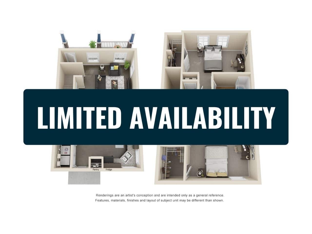 A 3D image of the 2 Bedroom 2.5 Bathroom Duplex floorplan, a 1368 squarefoot, 2 bed / 2.5 bath unit