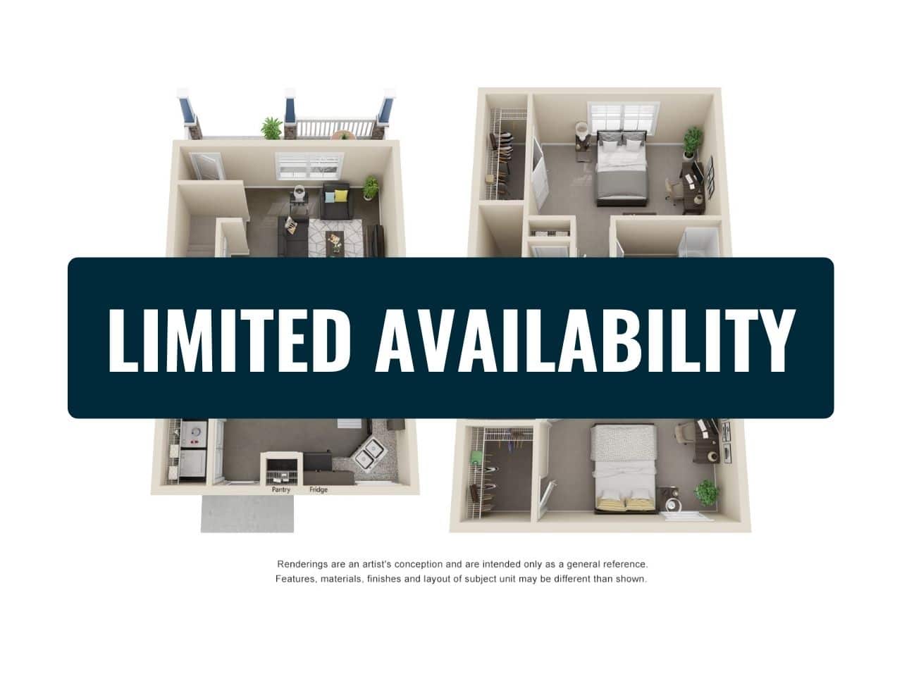 A 3D image of the 2 Bedroom 2.5 Bathroom Row floorplan, a 1446 squarefoot, 2 bed / 2.5 bath unit