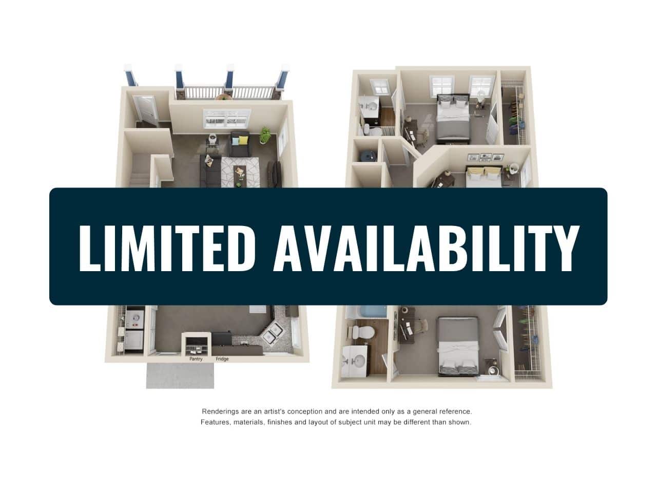 A 3D image of the 3 Bedroom 3.5 Bathroom Row floorplan, a 1749 squarefoot, 3 bed / 3.5 bath unit